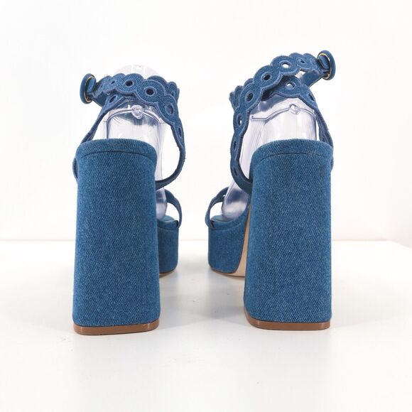 Larroude Women 11 Dolly Broderie Sandal Blue Stoned Denim Platform Ankle Strap - Picture 7 of 11